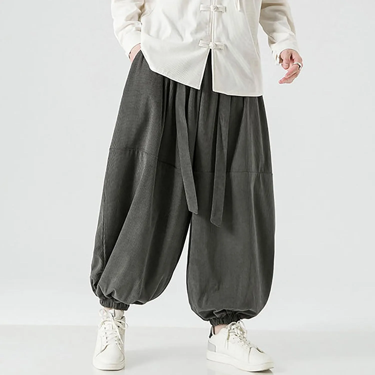 Corduroy Pants Men Baggy Drop Crotch Hippie Harem Pants Casual Loose Boho Joggers Tie Front Japanese Pants Trousers