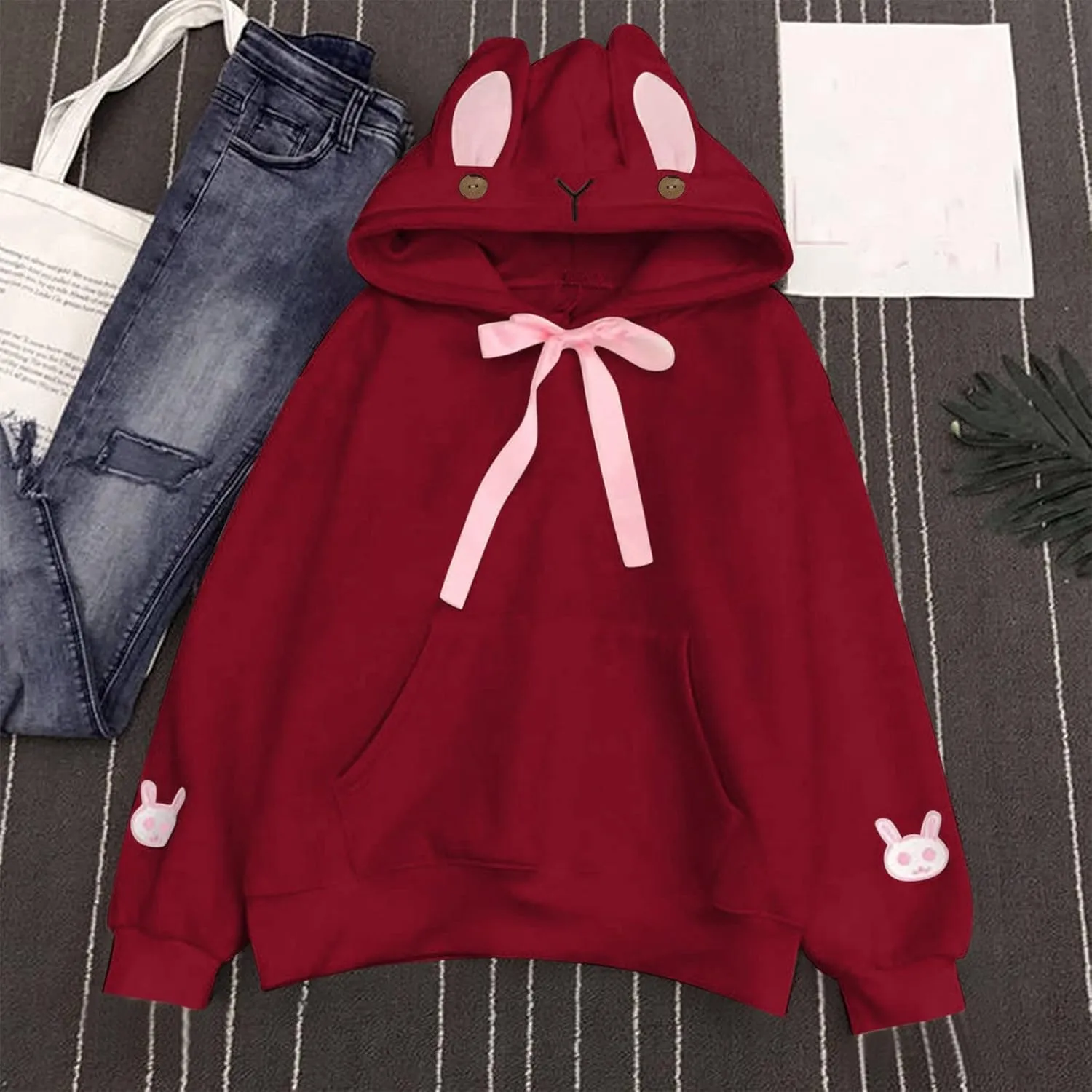 Cute Hoodies For Women Oversized Y2K Pullover Bunny Ear Hooded Sweatshirts With Pockets Long Sleeve Outfits Fall Clothes 2023