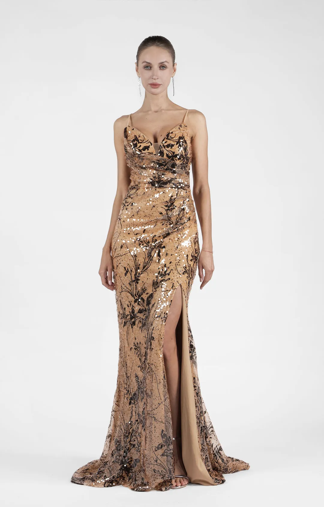 Deep V-Neck Spaghetti Strap Sequin Printed High Split Skinny Floor Length Dresses
