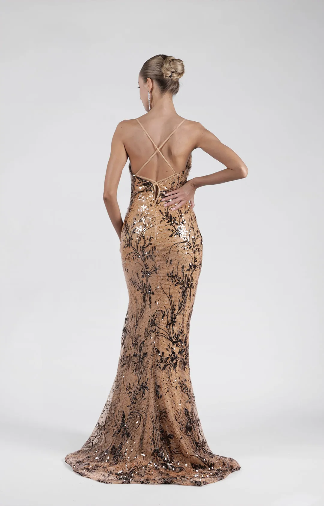 Deep V-Neck Spaghetti Strap Sequin Printed High Split Skinny Floor Length Dresses