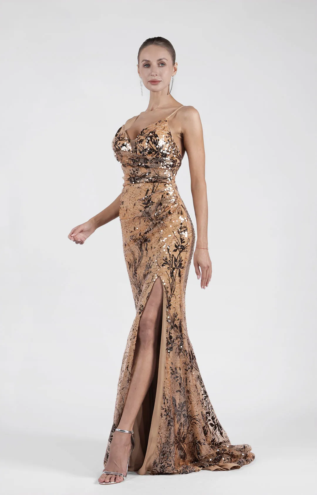 Deep V-Neck Spaghetti Strap Sequin Printed High Split Skinny Floor Length Dresses