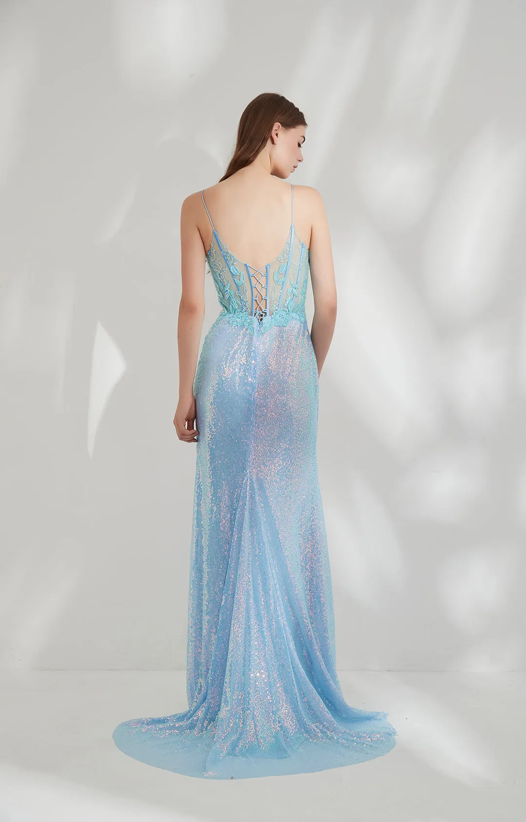 Deep V-Neck Spaghetti Straps Tulle See Through Side High Slit Prom Dresses