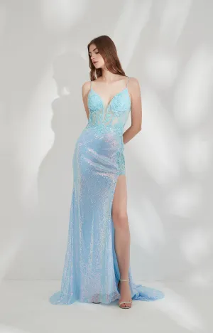 Deep V-Neck Spaghetti Straps Tulle See Through Side High Slit Prom Dresses