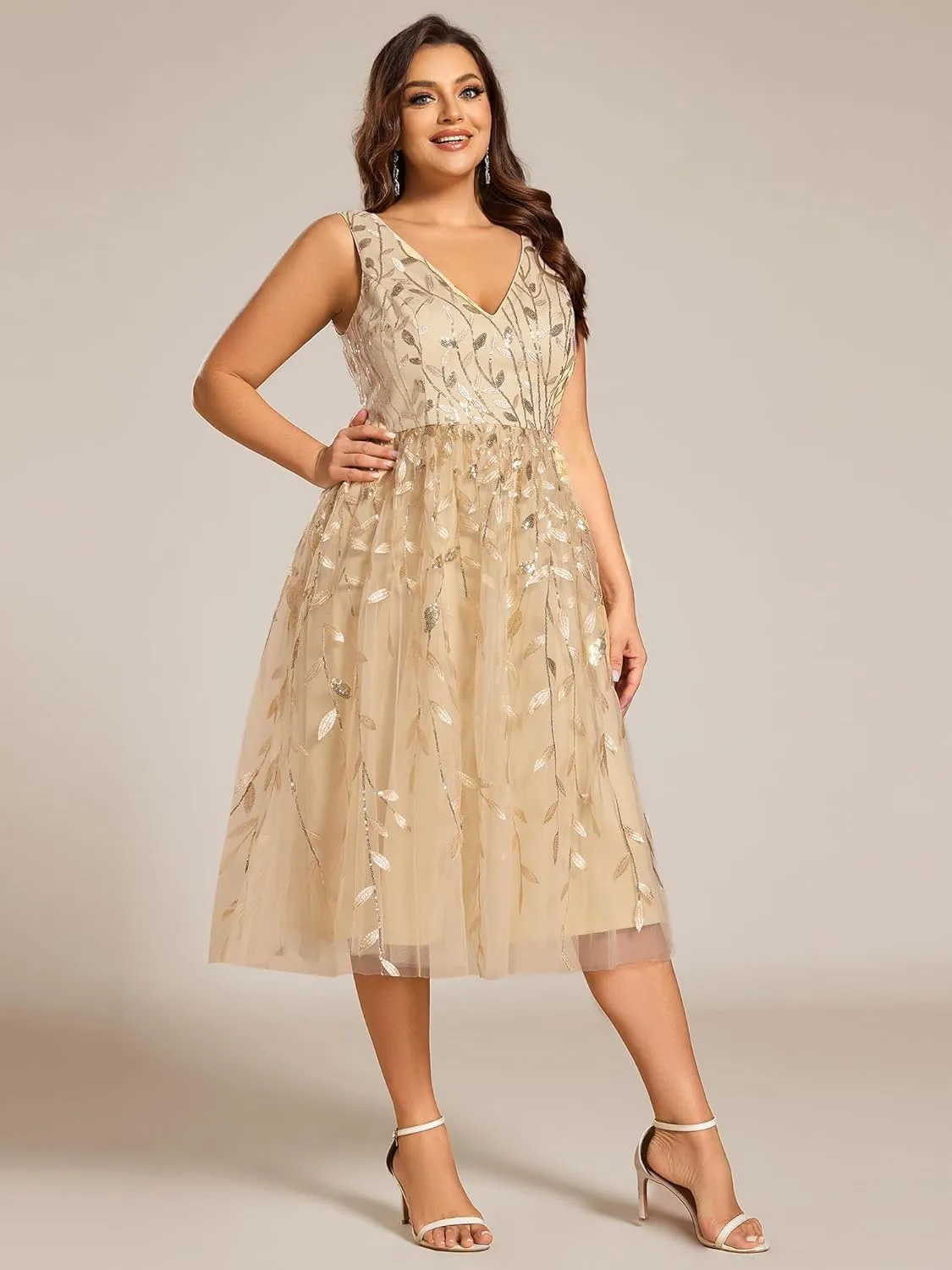 Ever-Pretty A Line V Neck Sleeveless Sequin Plus Size Midi Summer Cocktail Wedding Guest Dresses for Curvy Women 02106-DA