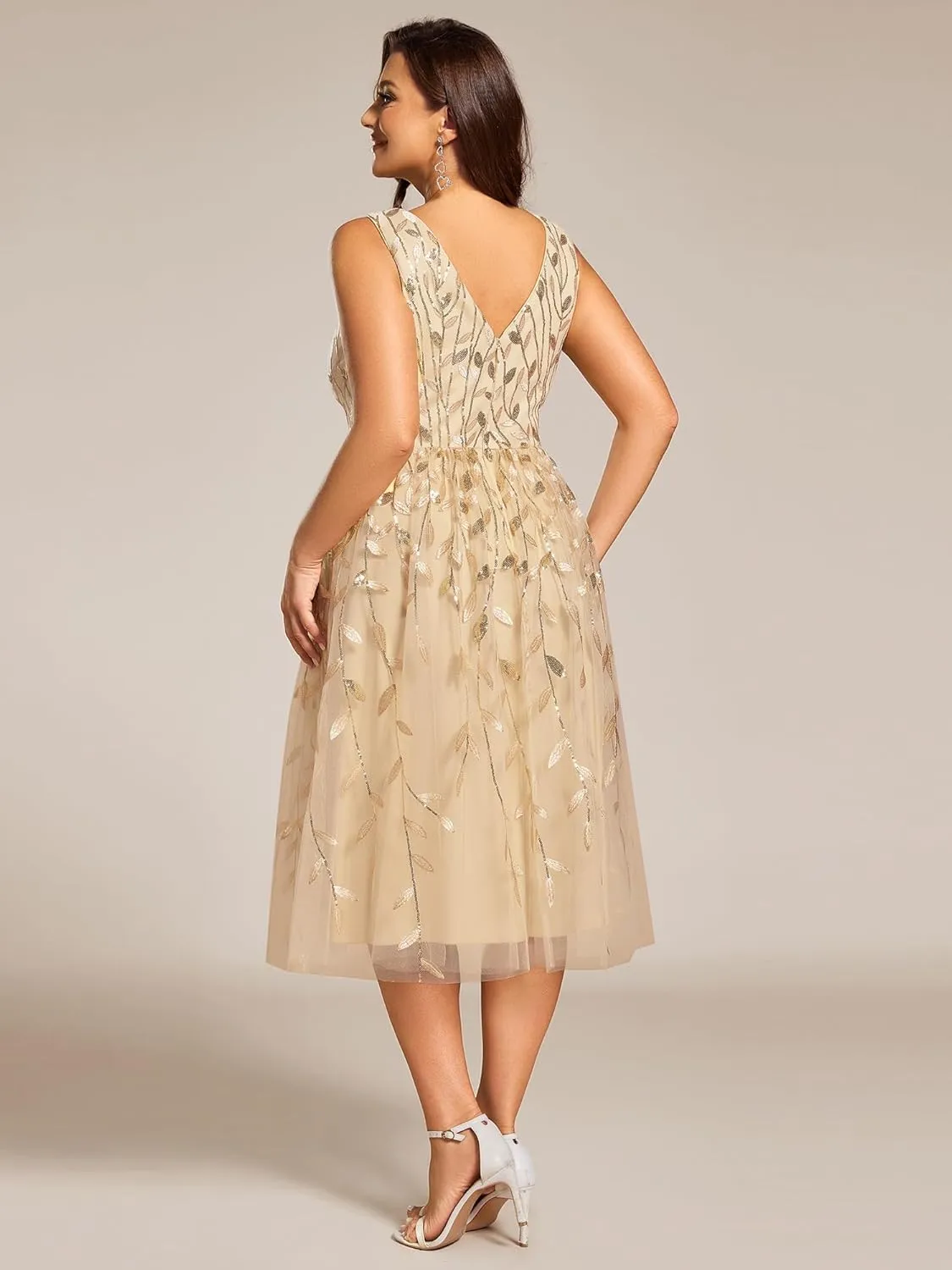 Ever-Pretty A Line V Neck Sleeveless Sequin Plus Size Midi Summer Cocktail Wedding Guest Dresses for Curvy Women 02106-DA