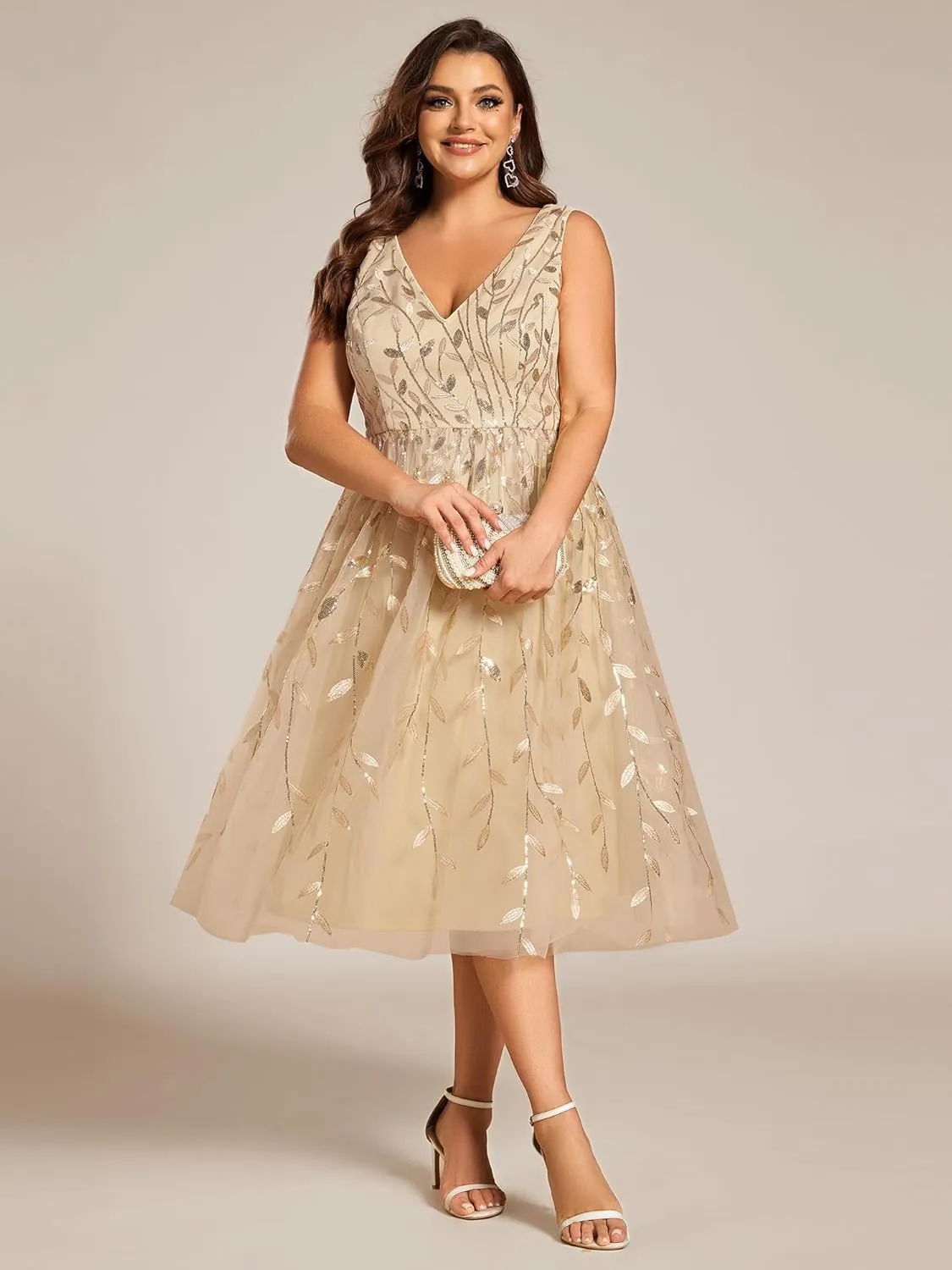 Ever-Pretty A Line V Neck Sleeveless Sequin Plus Size Midi Summer Cocktail Wedding Guest Dresses for Curvy Women 02106-DA