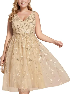 Ever-Pretty A Line V Neck Sleeveless Sequin Plus Size Midi Summer Cocktail Wedding Guest Dresses for Curvy Women 02106-DA