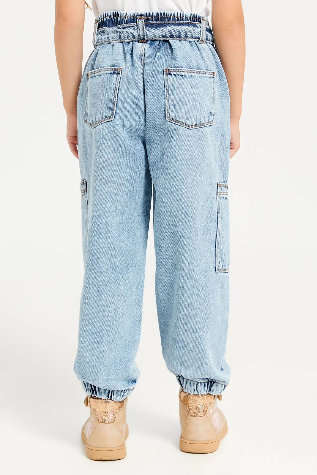 Girls Blue Cargo Bow Belt Denim Jeans