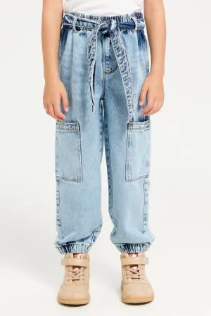 Girls Blue Cargo Bow Belt Denim Jeans