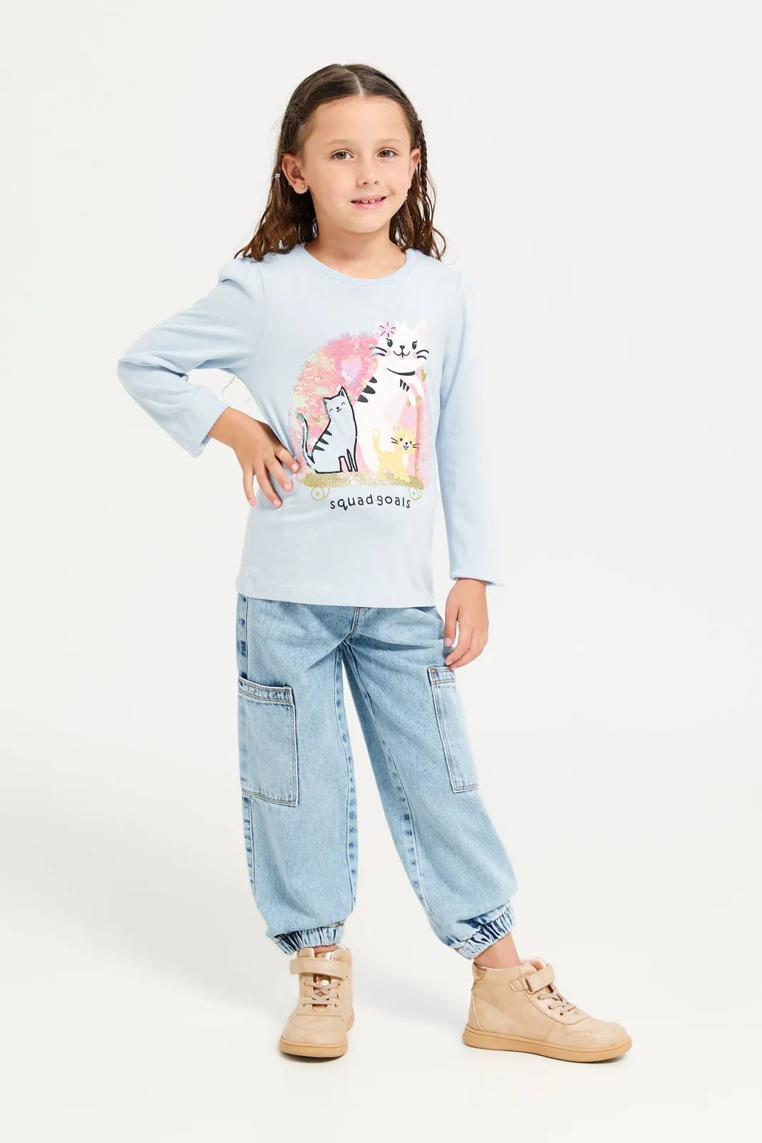 Girls Blue Cargo Bow Belt Denim Jeans