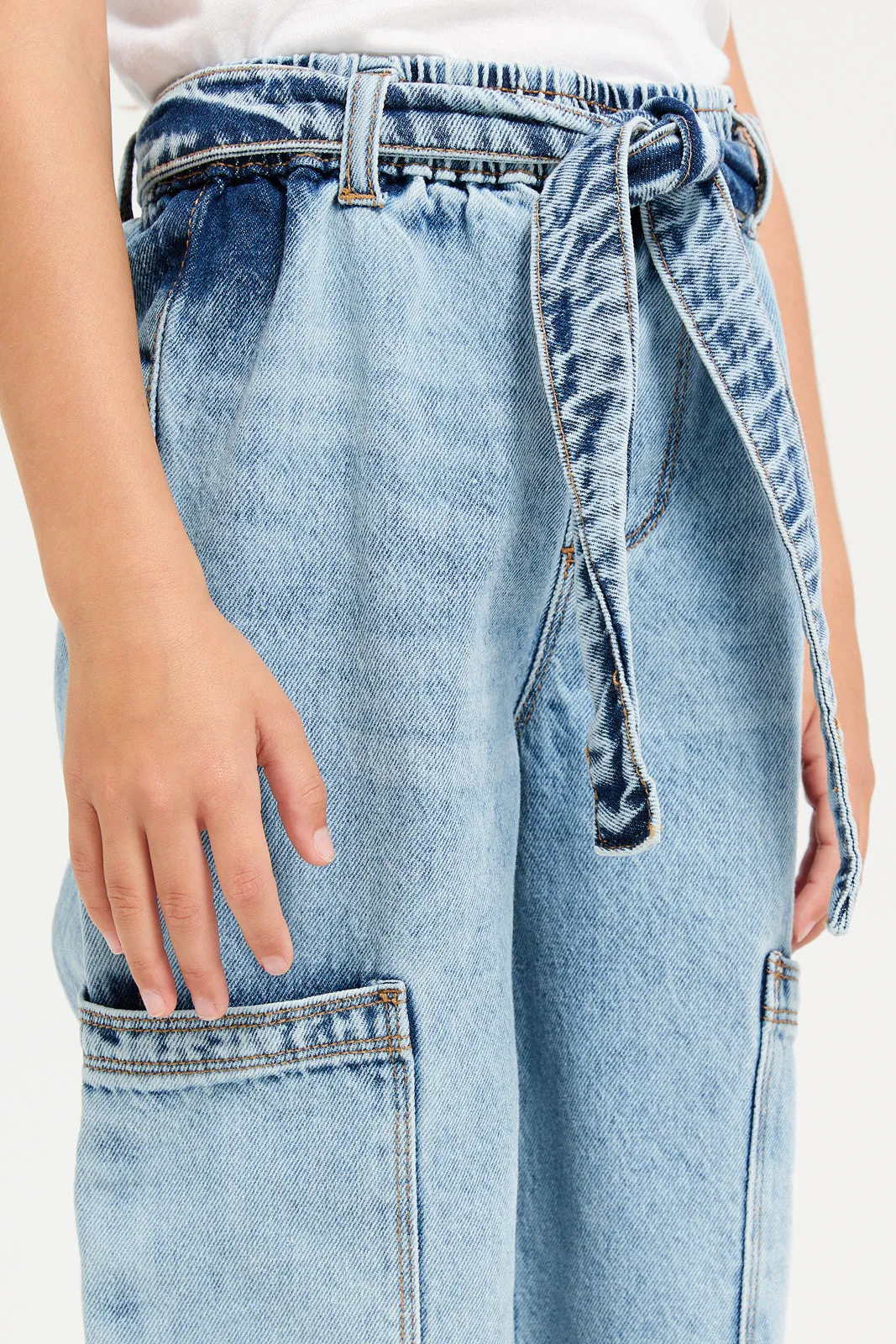 Girls Blue Cargo Bow Belt Denim Jeans