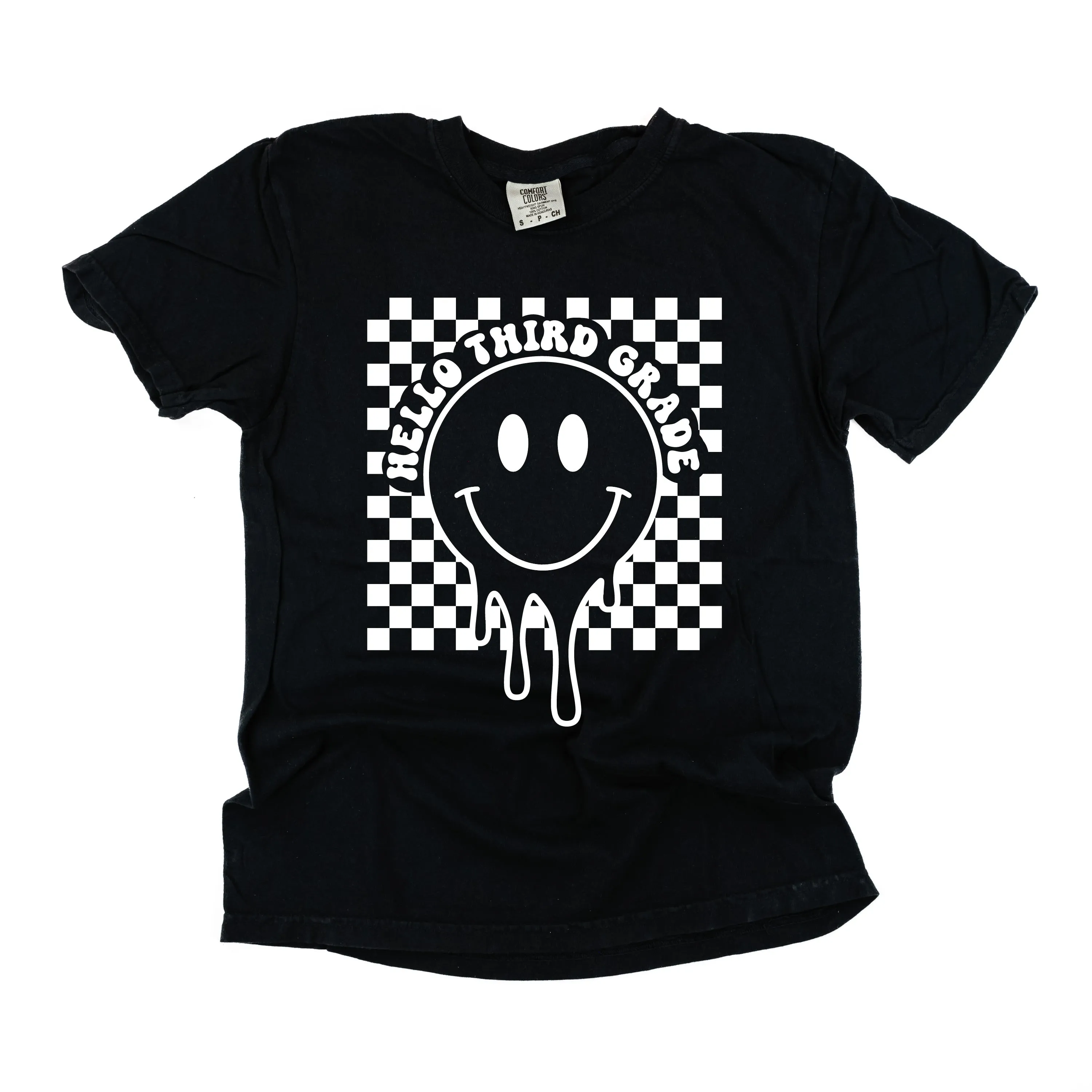 Hello Third Grade - Checker Smiley - SHORT SLEEVE COMFORT COLORS TEE