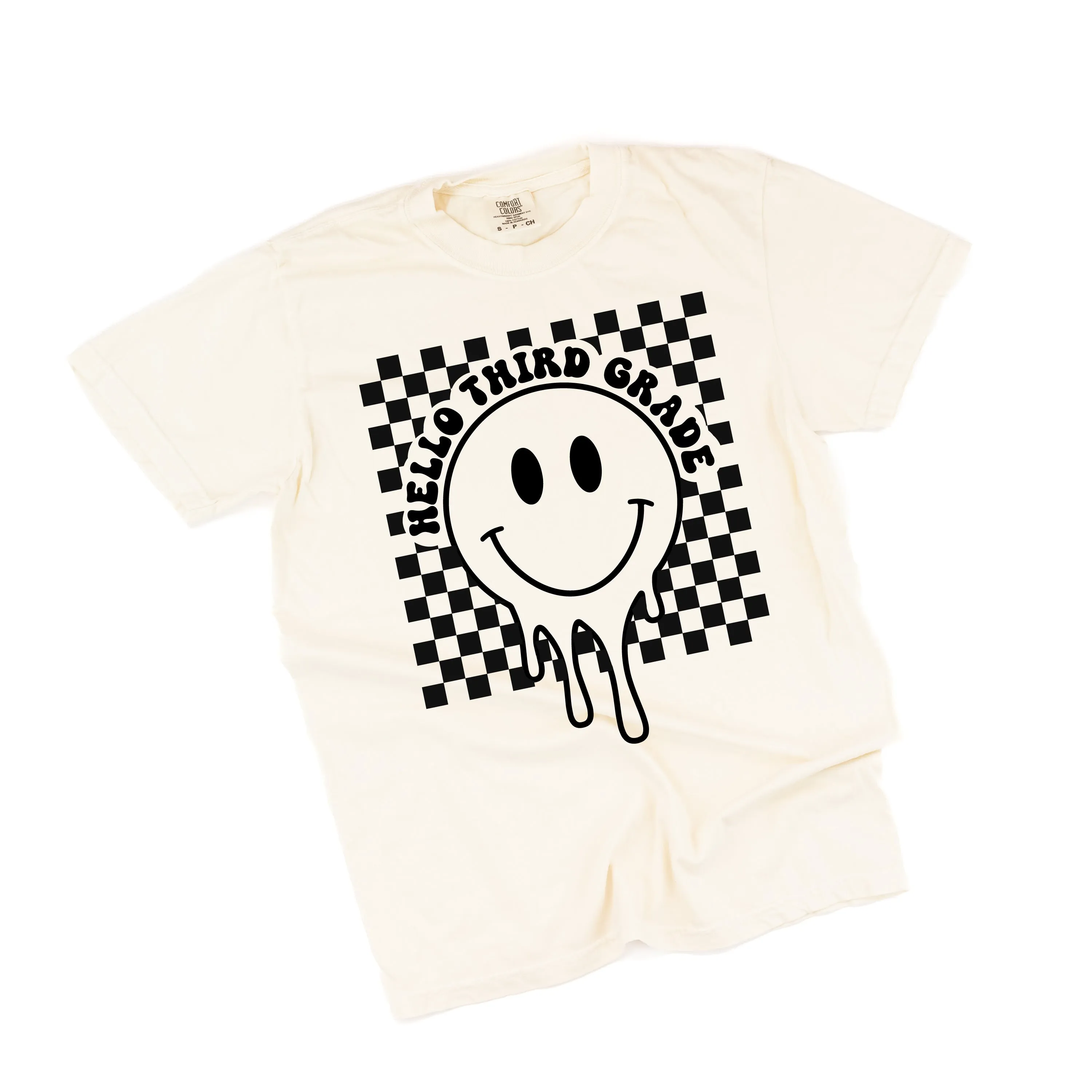 Hello Third Grade - Checker Smiley - SHORT SLEEVE COMFORT COLORS TEE