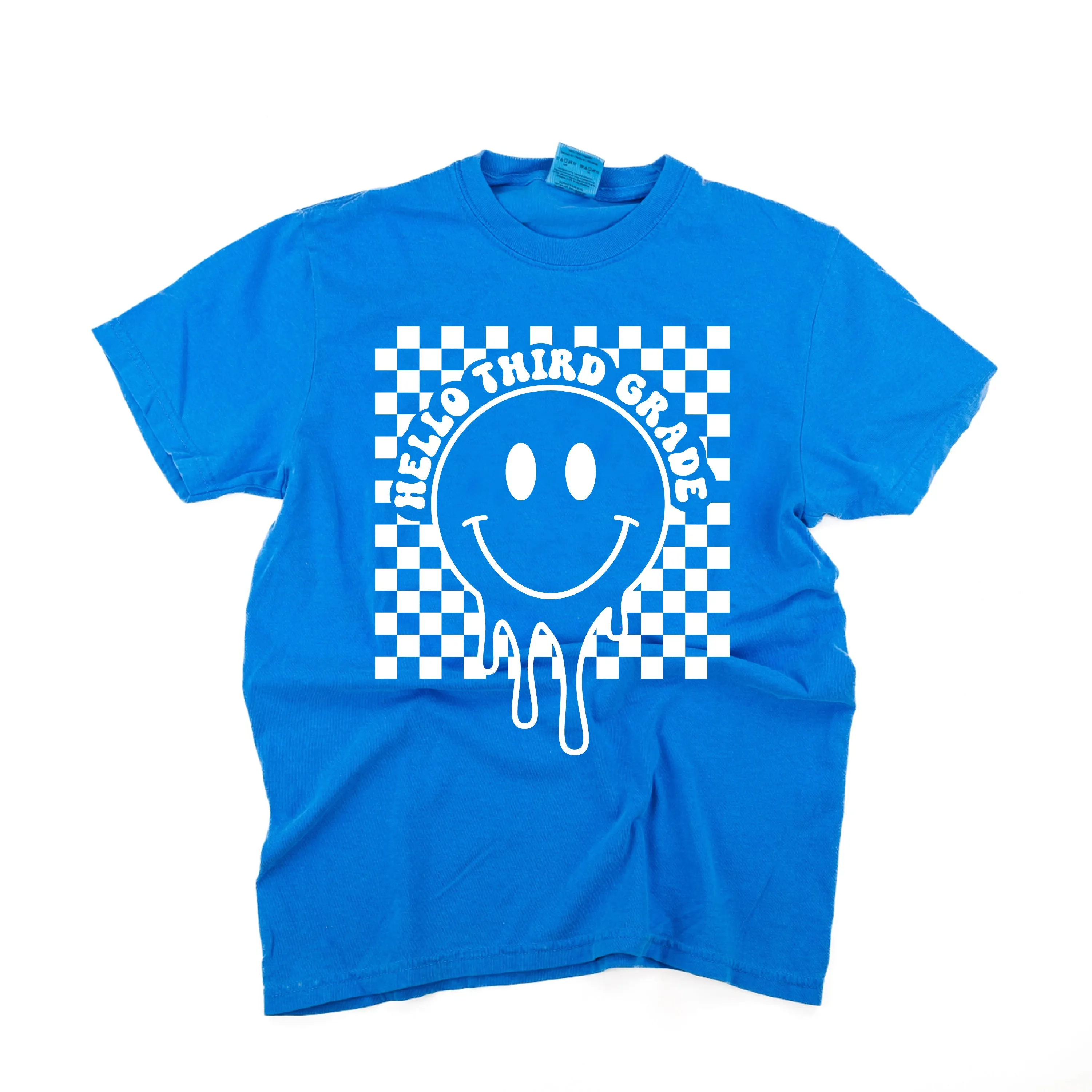 Hello Third Grade - Checker Smiley - SHORT SLEEVE COMFORT COLORS TEE