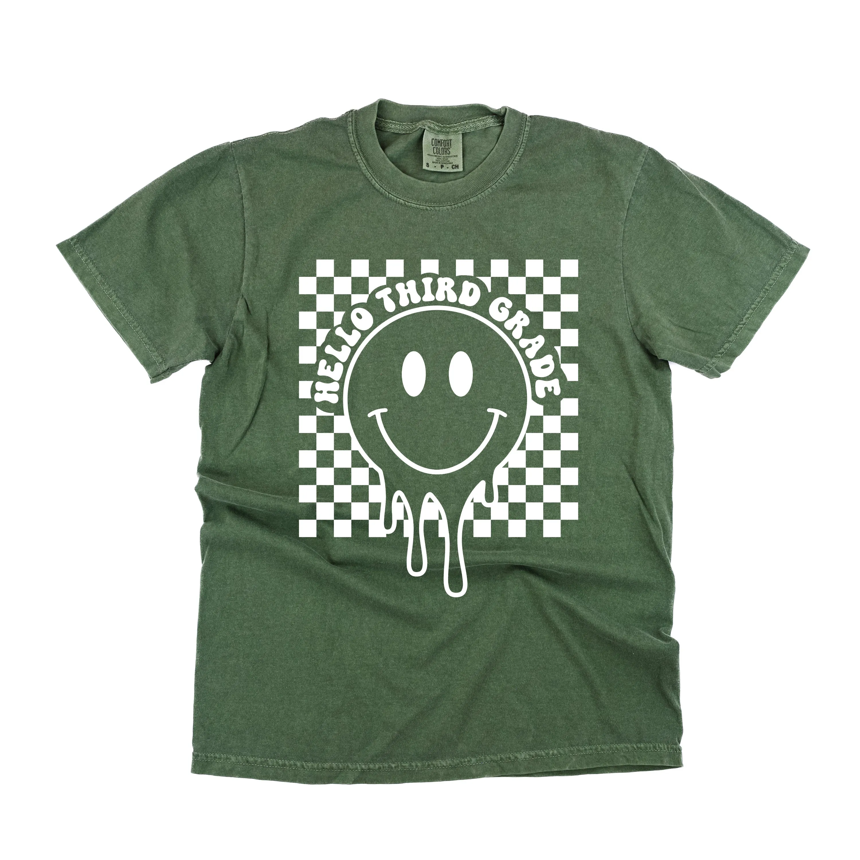 Hello Third Grade - Checker Smiley - SHORT SLEEVE COMFORT COLORS TEE