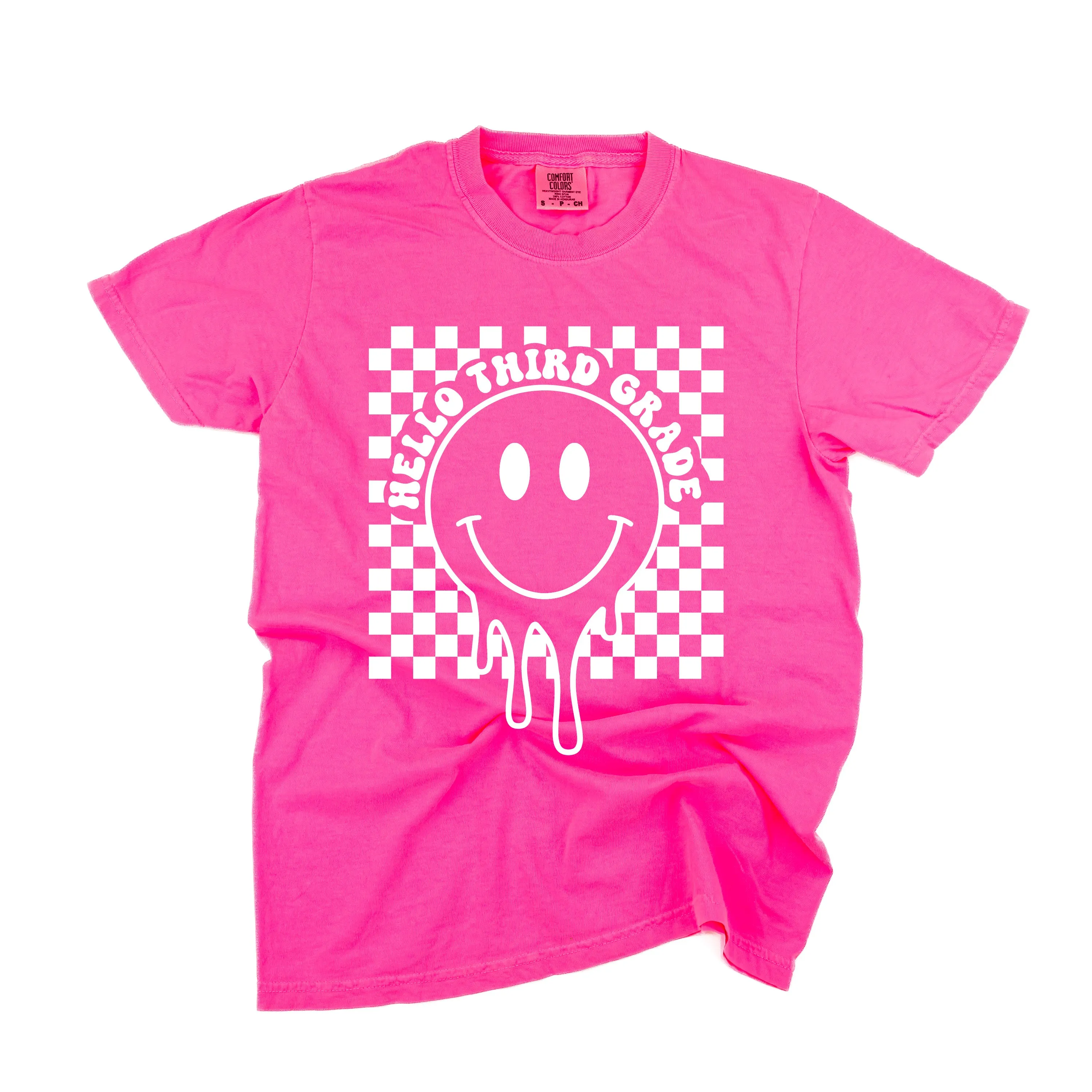 Hello Third Grade - Checker Smiley - SHORT SLEEVE COMFORT COLORS TEE