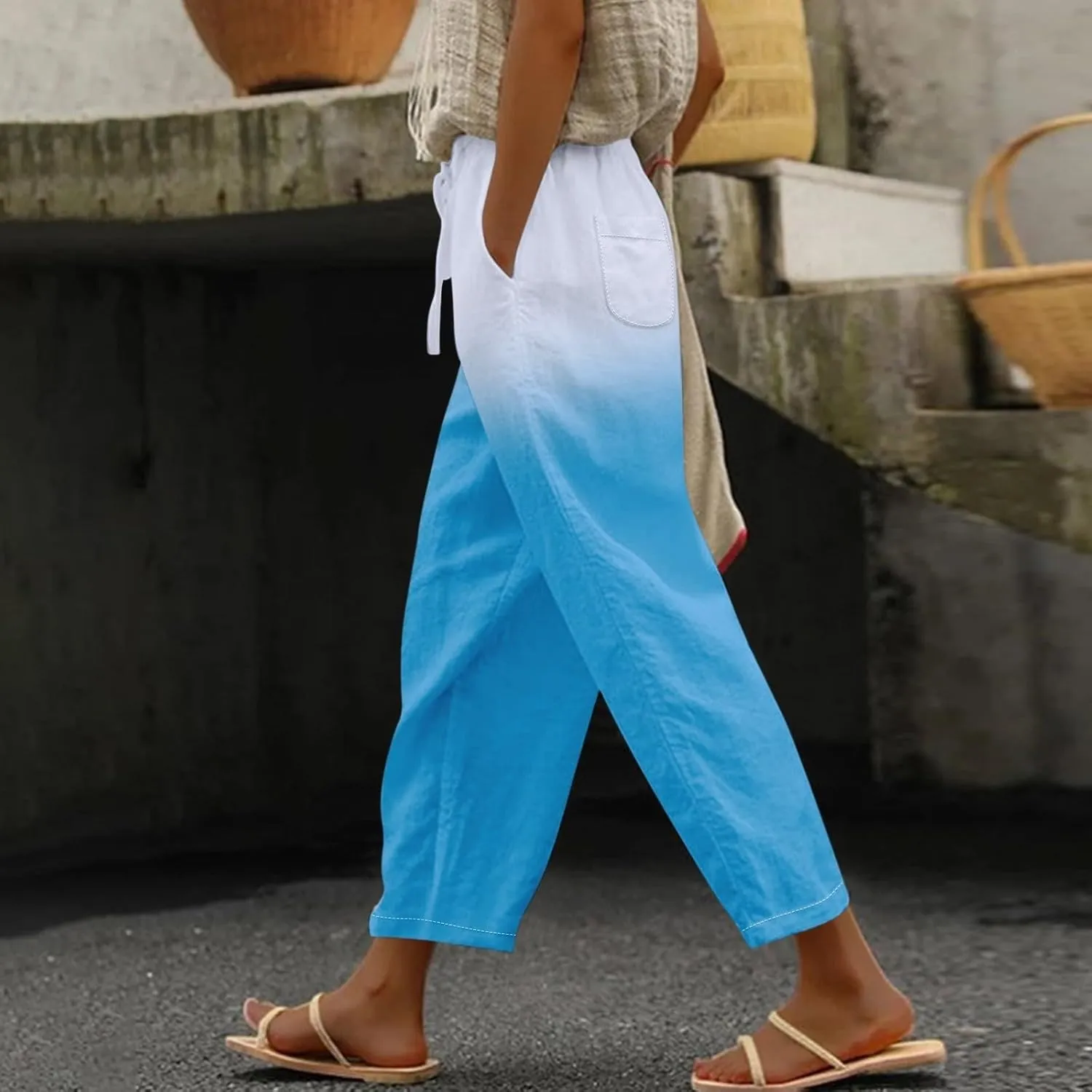 LCMTWX Lightweight Pants Women Drawstring Capri Pants with Pockets Wide Leg Cropped Pants for Women Womens Linen Pants Boho