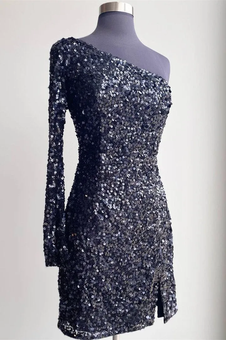 Luolandi Shiny One Shoulder Sequin Homecoming Dresses With Long Sleeve Short Dress