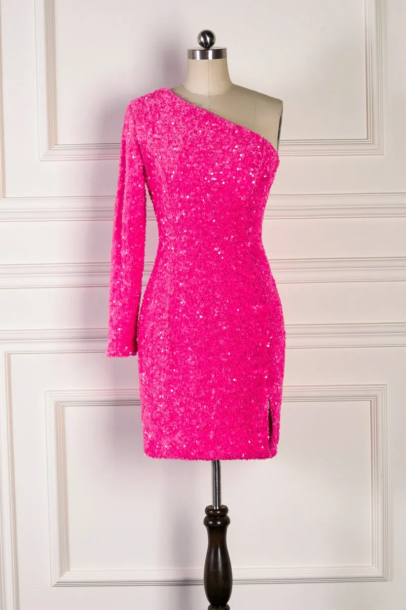 Luolandi Shiny One Shoulder Sequin Homecoming Dresses With Long Sleeve Short Dress