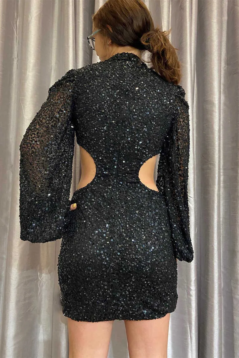 Luolandi Short Homecoming Dresses Sheath High Neck Zipper Back Sequin Long Sleeves Sparkly