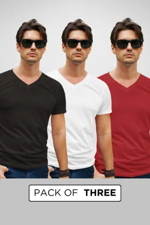 Pack Of 3 V Neck T-Shirts White Black and Red for Men