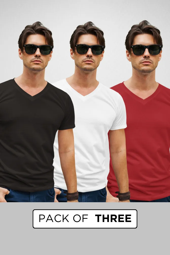 Pack Of 3 V Neck T-Shirts White Black and Red for Men