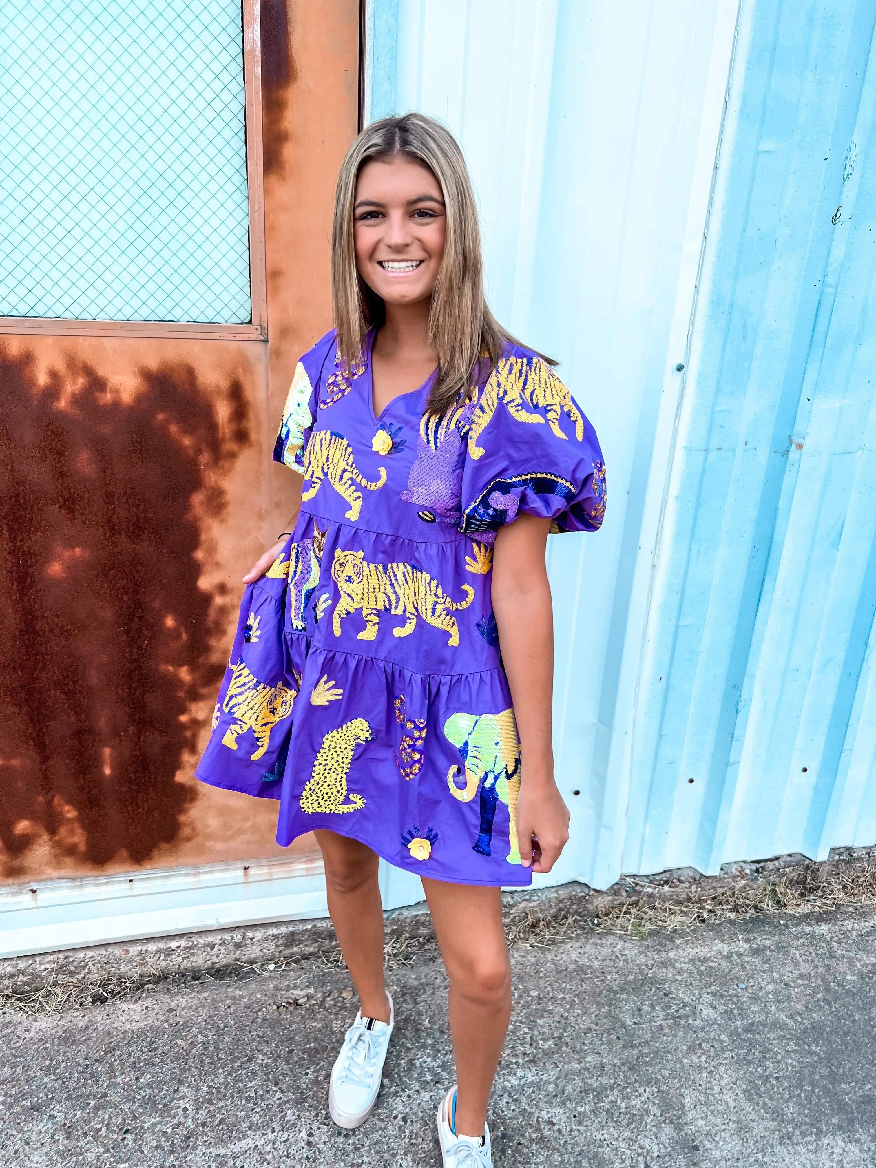 Queen Of Sparkles Purple & Yellow Animal Icon Dress