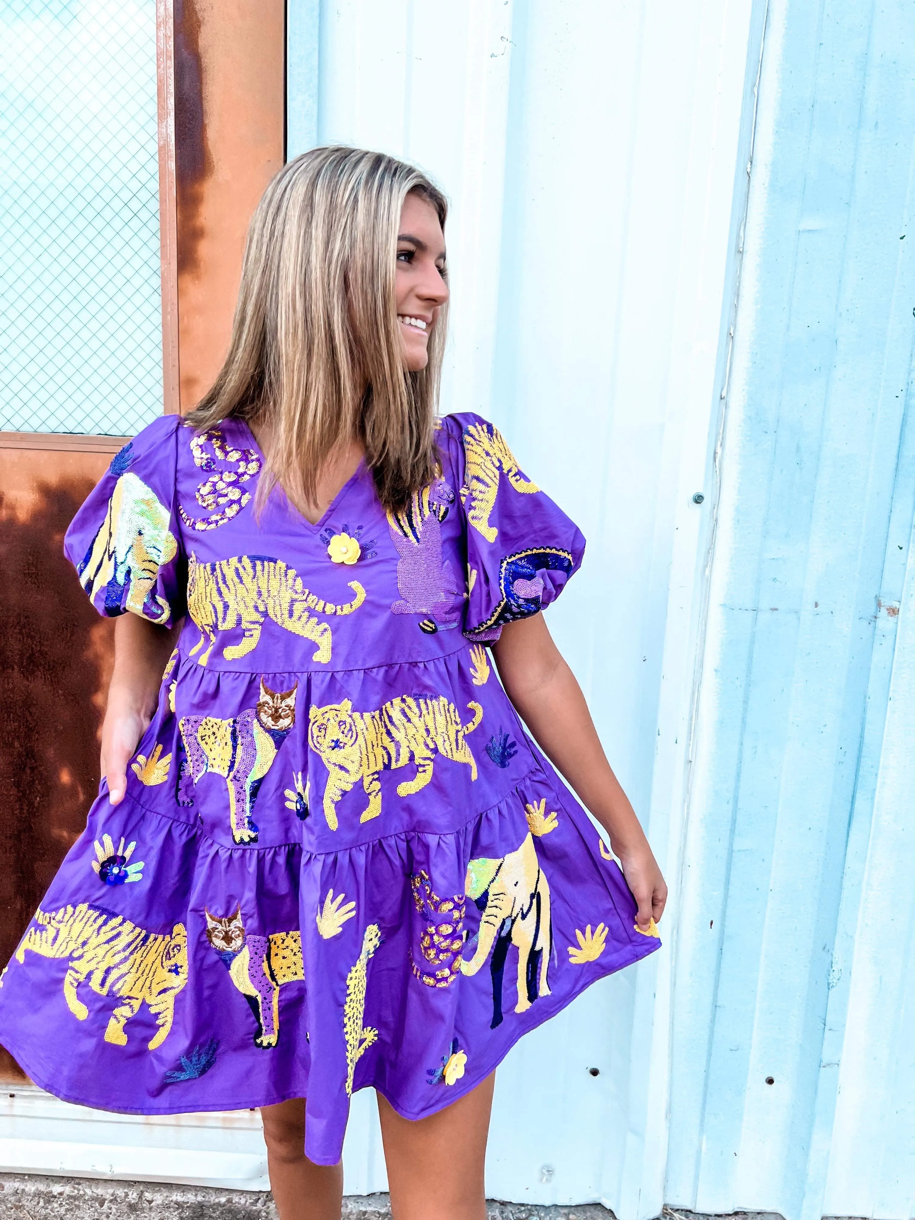 Queen Of Sparkles Purple & Yellow Animal Icon Dress