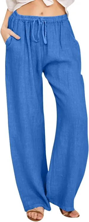 sdbrld Linen Pants Women Summer Trendy Casual High Waist Trousers Drawstring Loose Fit Lightweight Long Palazzo Gauze Pants