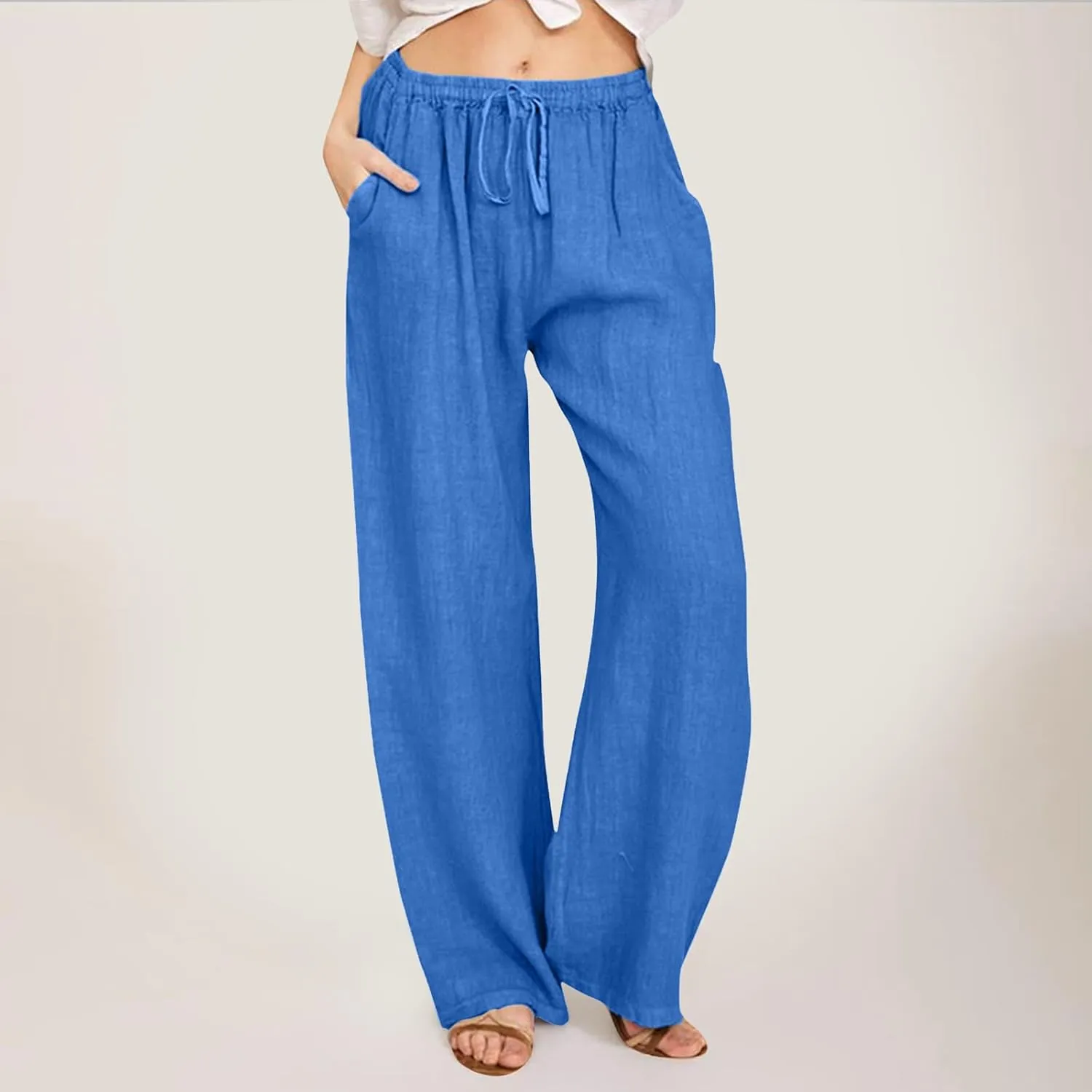 sdbrld Linen Pants Women Summer Trendy Casual High Waist Trousers Drawstring Loose Fit Lightweight Long Palazzo Gauze Pants