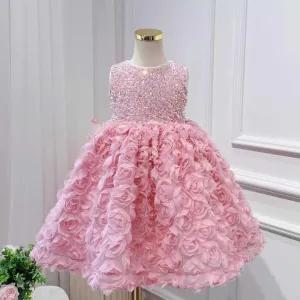 Summer Pink Flower Baby Girl Dresses-فستان صيفي وردي