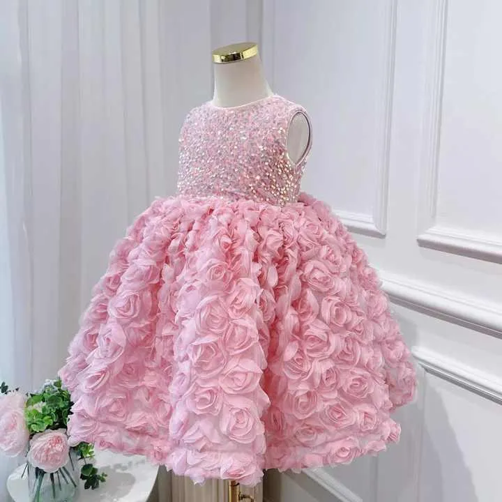 Summer Pink Flower Baby Girl Dresses-فستان صيفي وردي