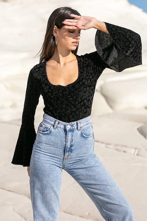Sun Sea & Roses  Hebe Square Neck Flare Velvet Bodysuit Black