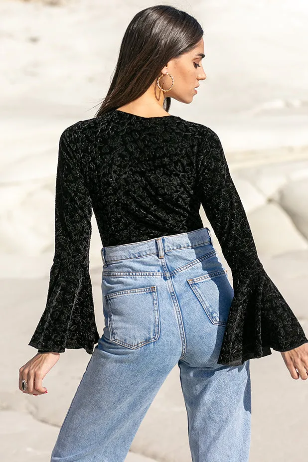 Sun Sea & Roses  Hebe Square Neck Flare Velvet Bodysuit Black