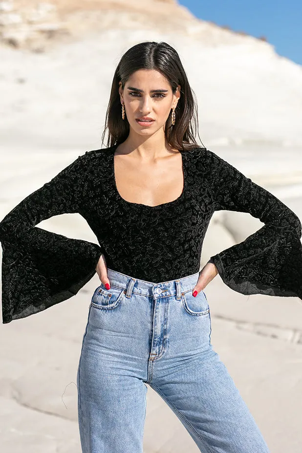 Sun Sea & Roses  Hebe Square Neck Flare Velvet Bodysuit Black