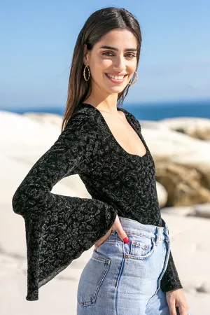 Sun Sea & Roses  Hebe Square Neck Flare Velvet Bodysuit Black