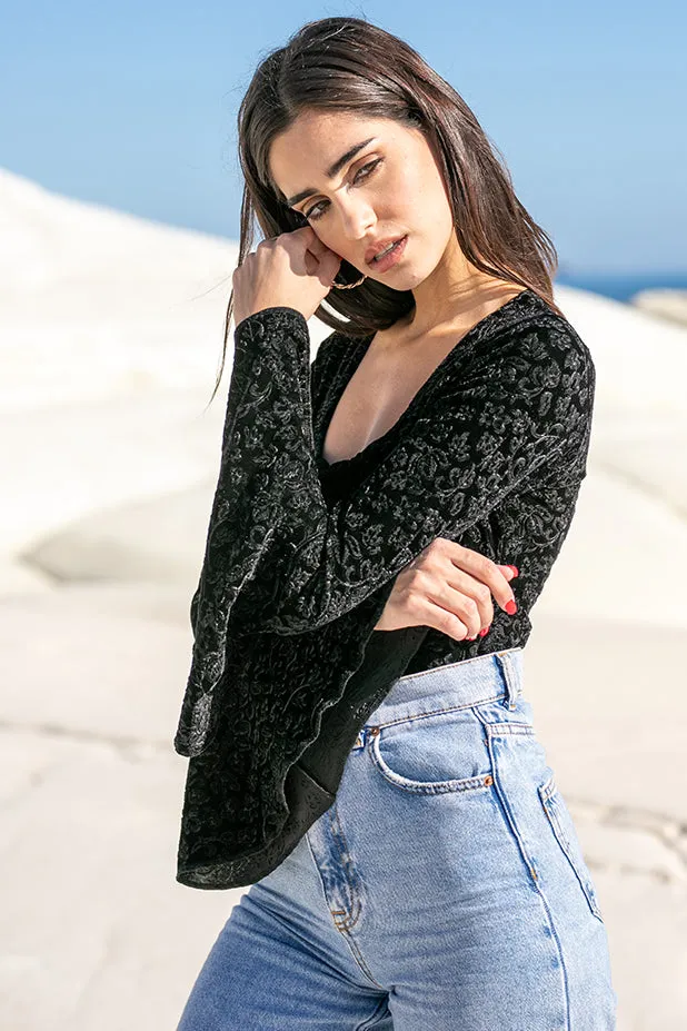 Sun Sea & Roses  Hebe Square Neck Flare Velvet Bodysuit Black