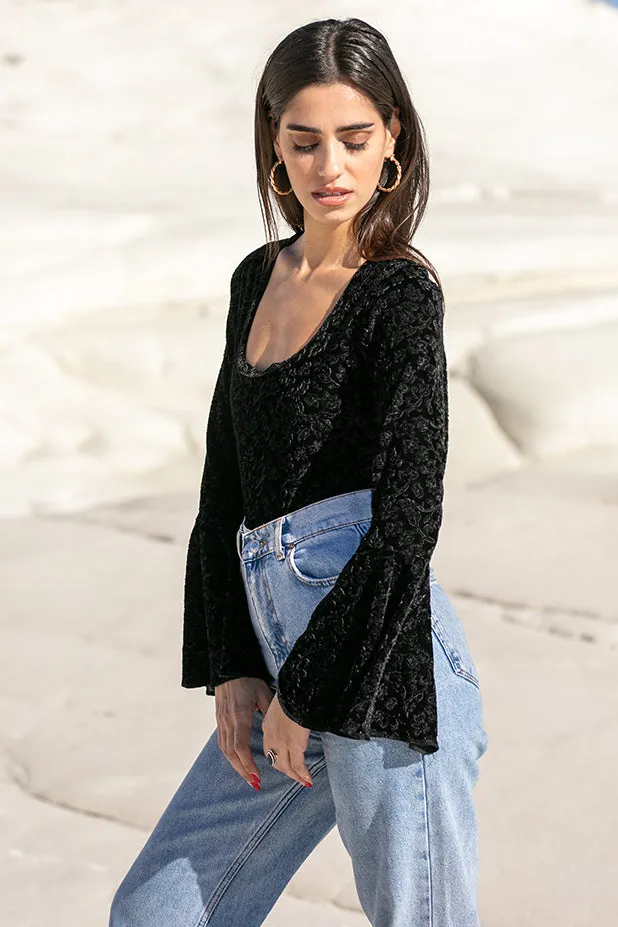 Sun Sea & Roses  Hebe Square Neck Flare Velvet Bodysuit Black