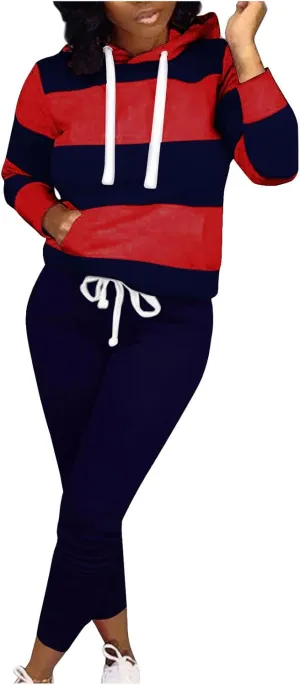 Sweatsuits for Women Set 2 Piece Color Block Oversized String Hoodies and Sweatpants with Pockets Workout Tracksuits Outfits