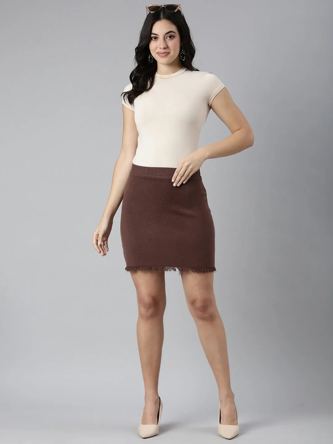 Women Brown Pencil Fringed Mini Skirt