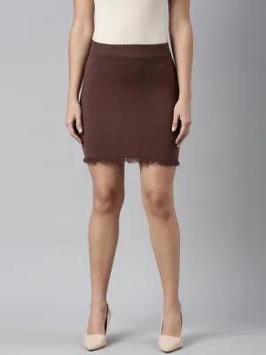 Women Brown Pencil Fringed Mini Skirt