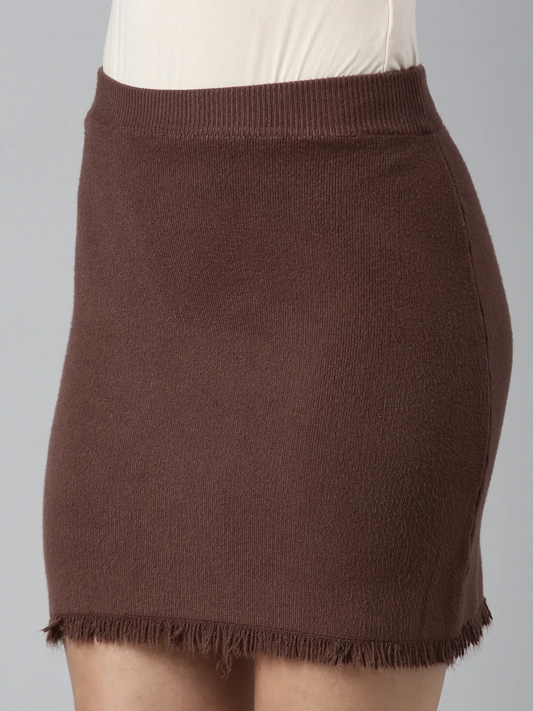 Women Brown Pencil Fringed Mini Skirt
