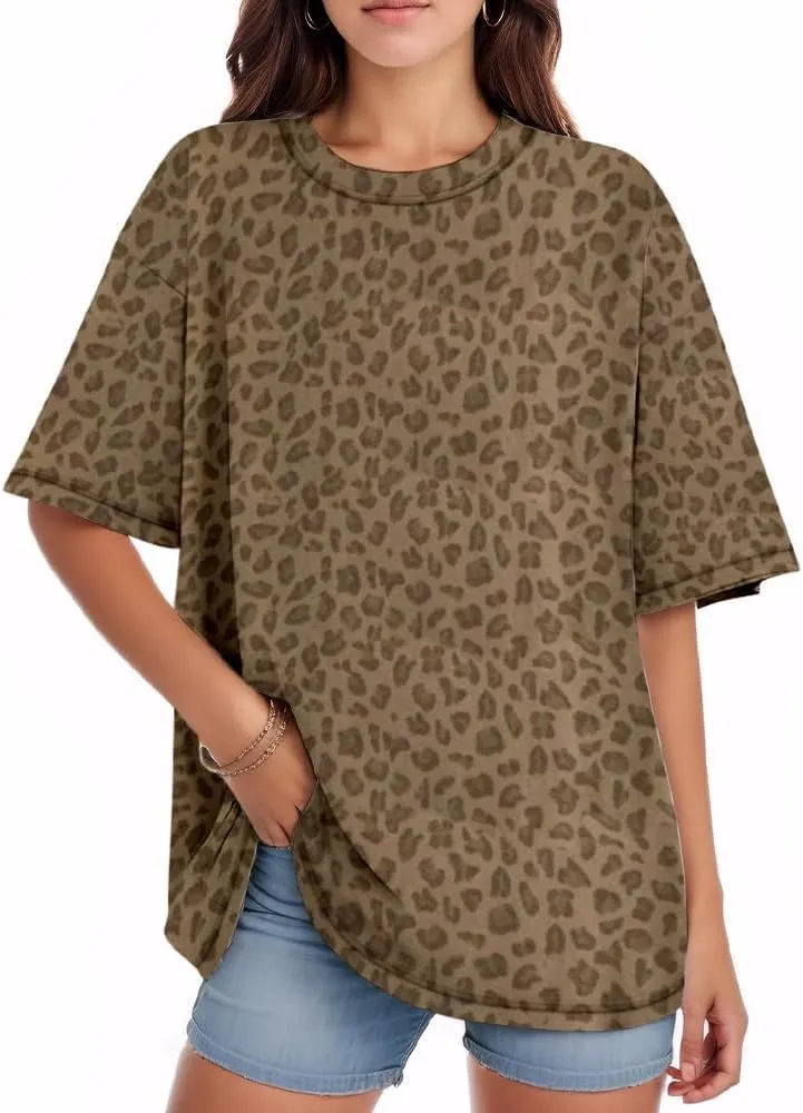 Women Oversized Leopard Print T Shirt Casual Baggy Loose Short Sleeve Round Neck Cheetah Tee Top Blouse Outfits