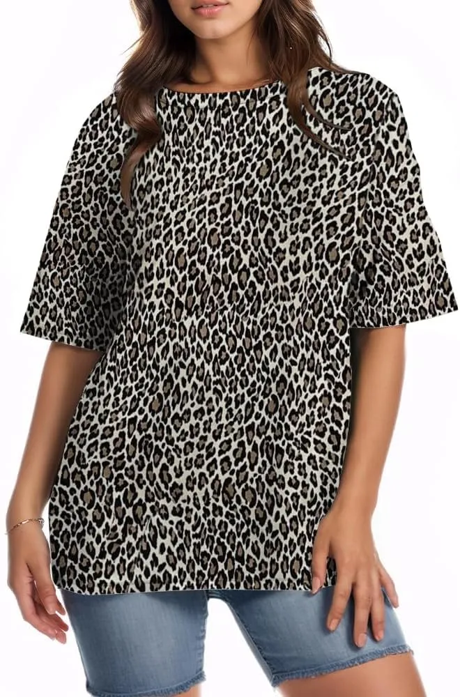 Women Oversized Leopard Print T Shirt Casual Baggy Loose Short Sleeve Round Neck Cheetah Tee Top Blouse Outfits