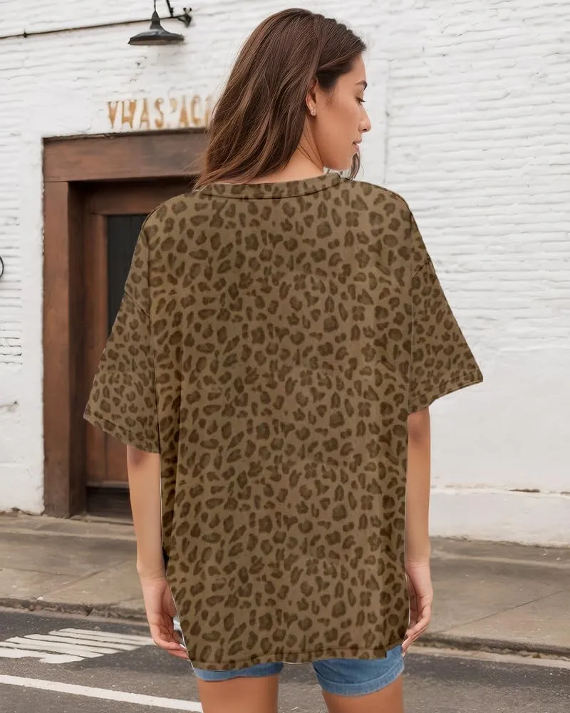 Women Oversized Leopard Print T Shirt Casual Baggy Loose Short Sleeve Round Neck Cheetah Tee Top Blouse Outfits