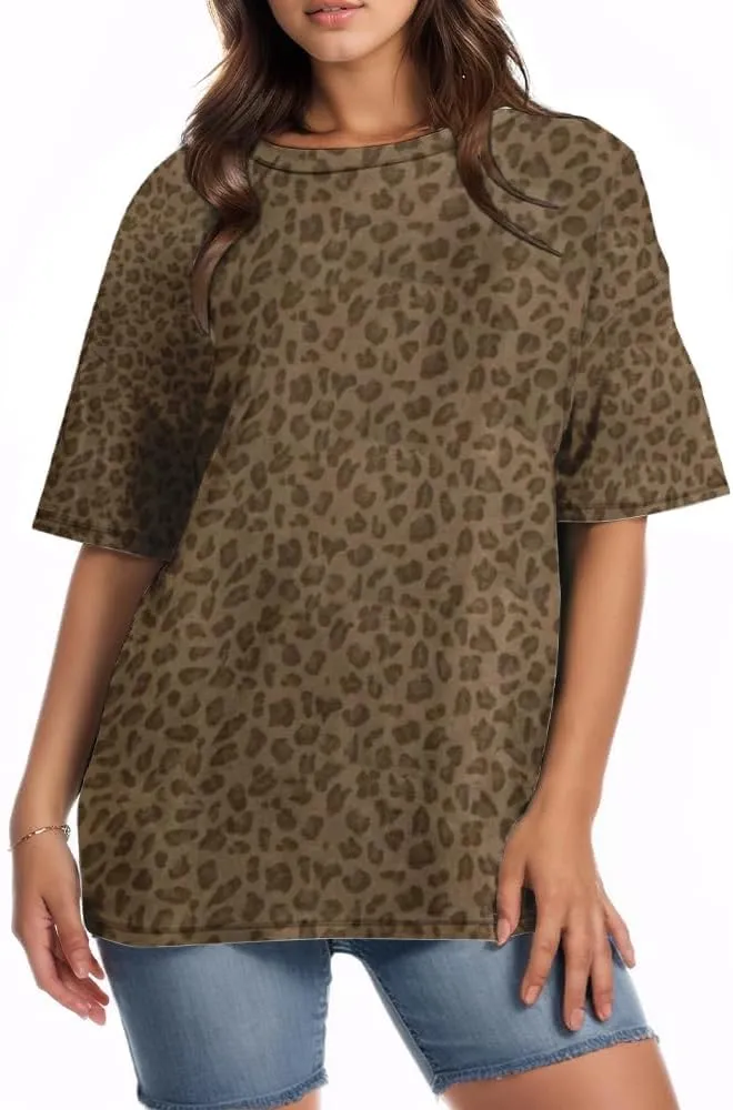 Women Oversized Leopard Print T Shirt Casual Baggy Loose Short Sleeve Round Neck Cheetah Tee Top Blouse Outfits