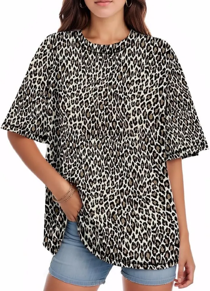 Women Oversized Leopard Print T Shirt Casual Baggy Loose Short Sleeve Round Neck Cheetah Tee Top Blouse Outfits