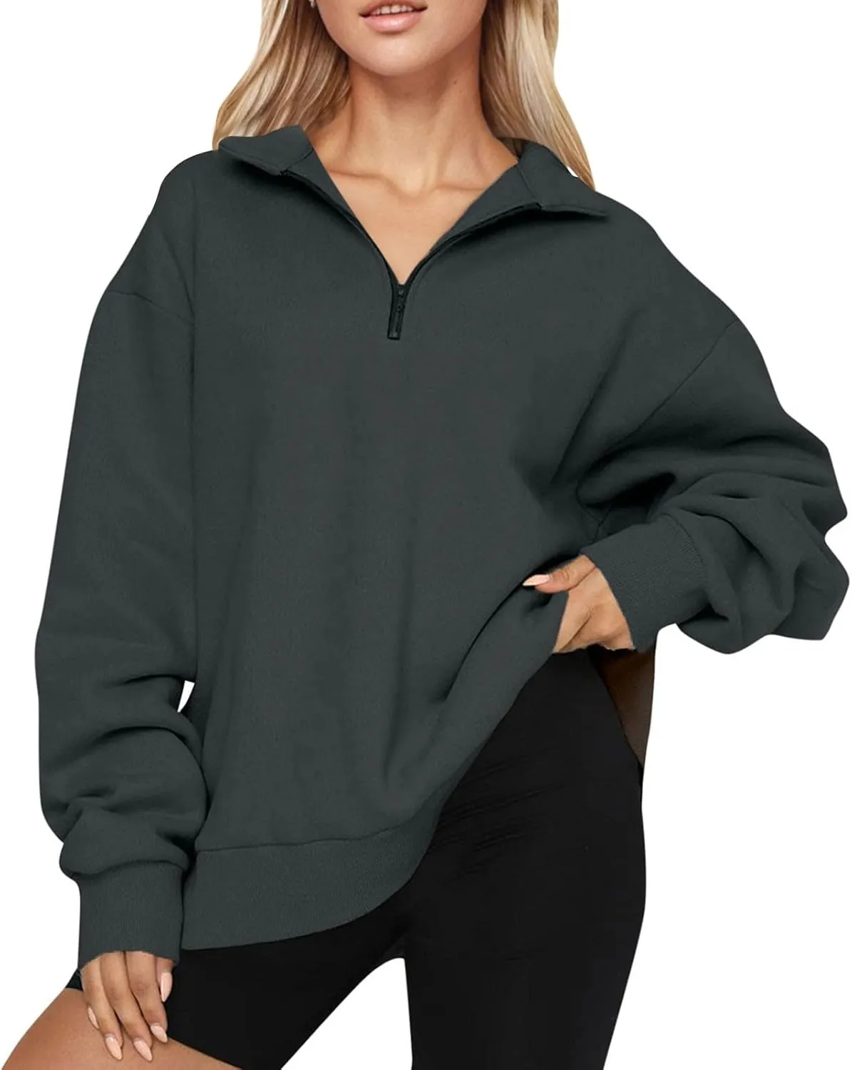 Women's Fall Winter Oversized Sweatshirt Casual Trendy Long Sleeve Quarter Zip Neck Solid Sweatshirt, S-3XL
