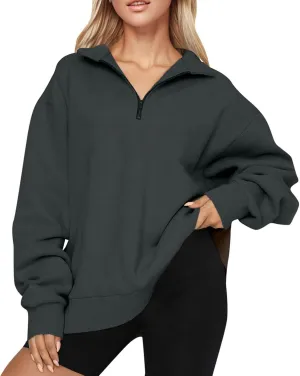 Women's Fall Winter Oversized Sweatshirt Casual Trendy Long Sleeve Quarter Zip Neck Solid Sweatshirt, S-3XL